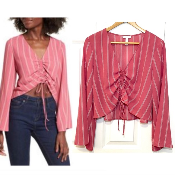 Leith Tops - Leith Ruched Front Top Crop Top Bell Sleeves Coral Pink with White Stripes
